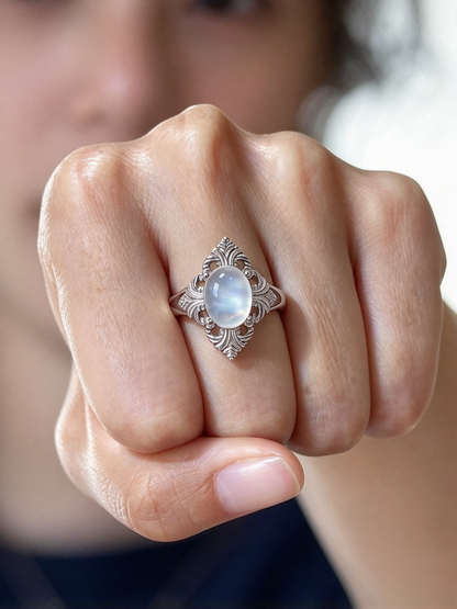 Vintage Filigree Moonstone Adjustable Ring, S925 Healing Gemstone Ring