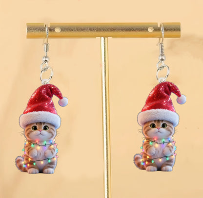 Christmas Light Bulb Cat Christmas Hat Earrings