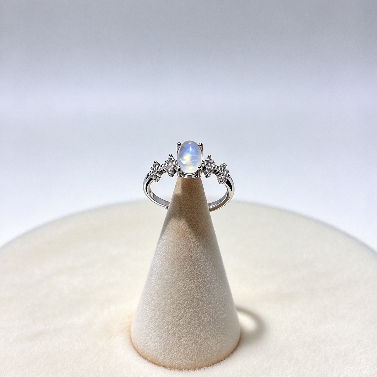Adjustable S925 Moonstone Ring, Blue Flash Moonstone & CZ Statement Ring