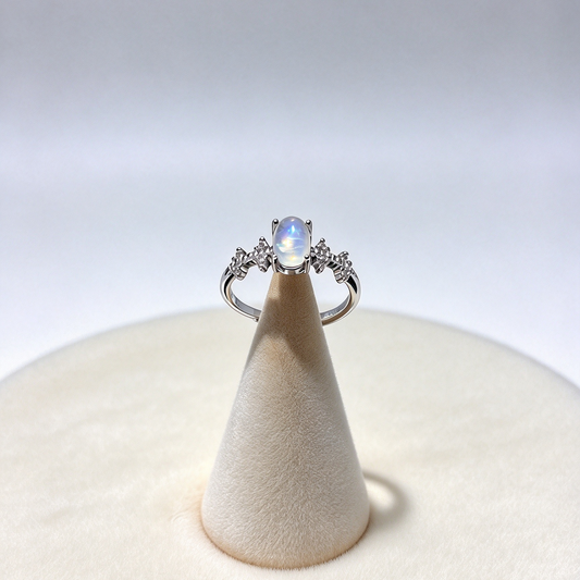 Adjustable S925 Moonstone Ring, Blue Flash Moonstone & CZ Statement Ring