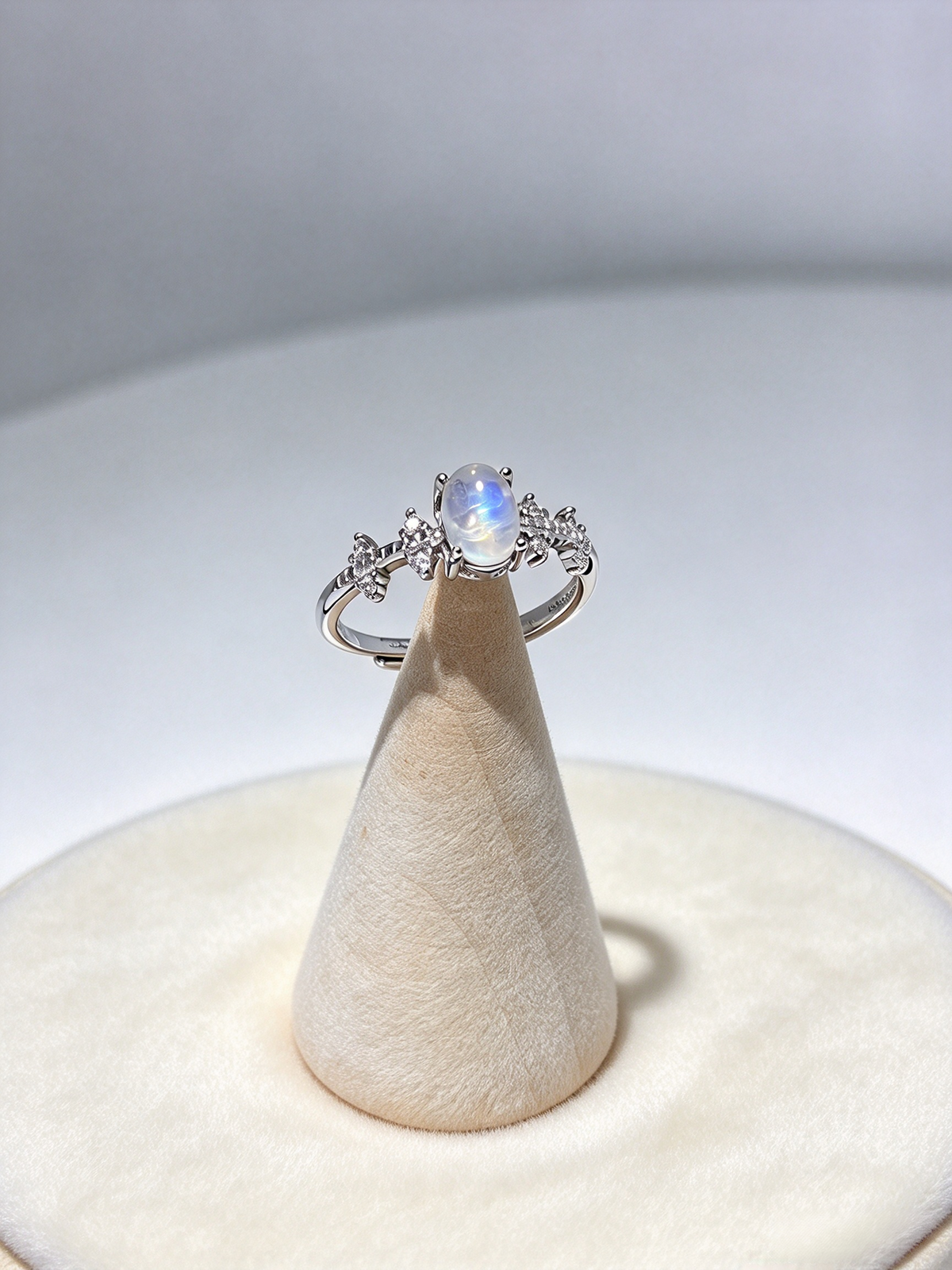 Adjustable S925 Moonstone Ring, Blue Flash Moonstone & CZ Statement Ring