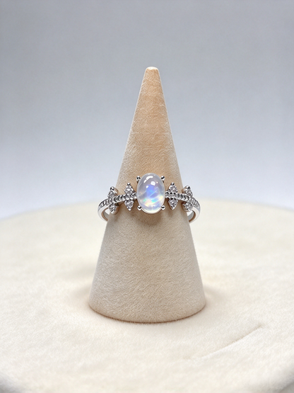 Adjustable S925 Moonstone Ring, Blue Flash Moonstone & CZ Statement Ring