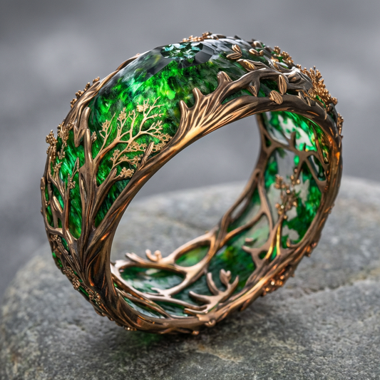 Green Tree Branch Vine Inlaid Ring
