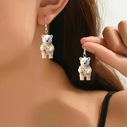 Christmas Cute White Bear Earrings with Colorful Lights