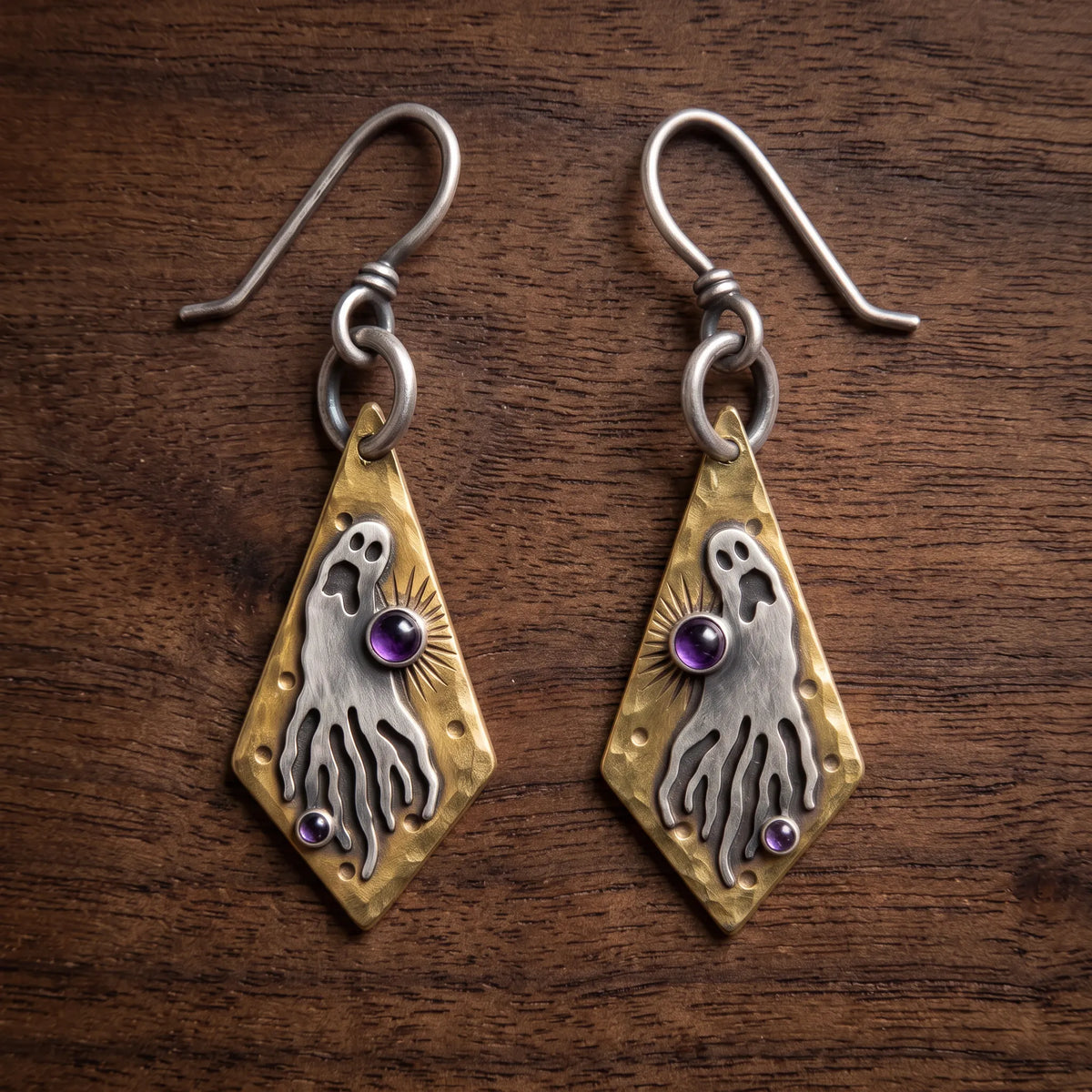 Vintage Two-Tone Silver & Brass Ghost Dangle Earrings