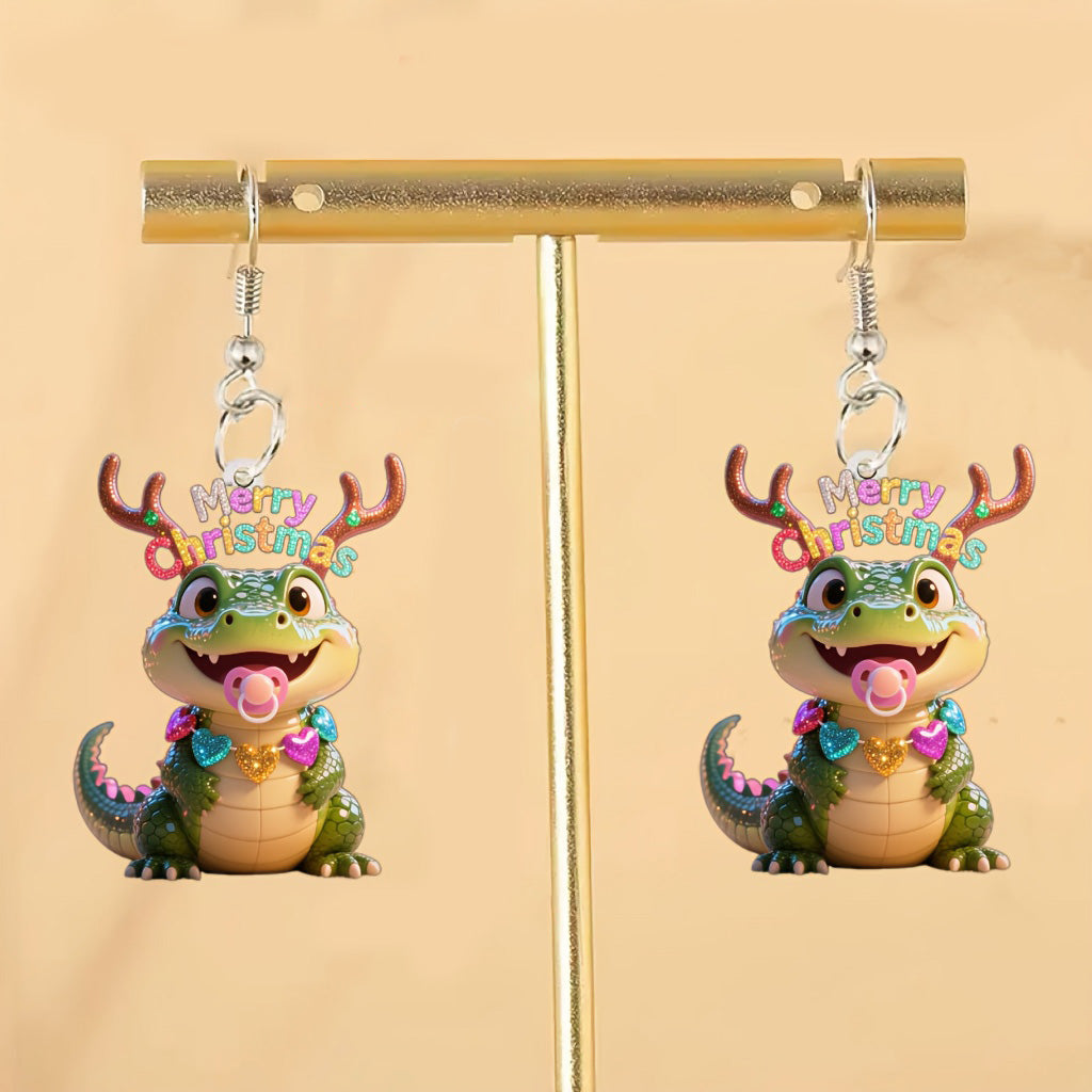 Christmas Green Crocodile Earrings with Pink Hearts & Golden Bubbles