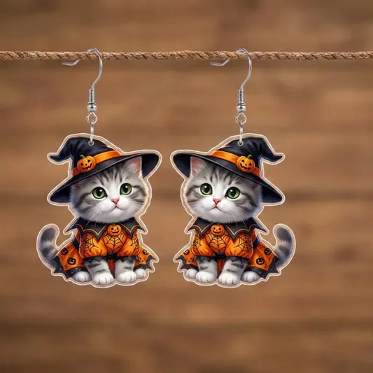Grey Tabby Witch Cat Pumpkin Spider Web Dress Halloween Earrings