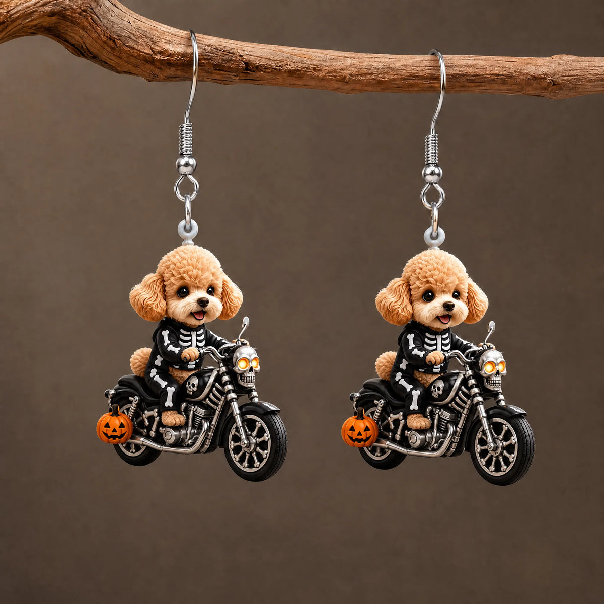 Skeleton Poodle Motorcycle Halloween Earrings