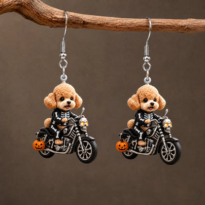 Skeleton Poodle Motorcycle Halloween Earrings