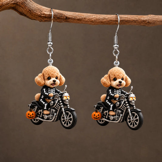 Skeleton Poodle Motorcycle Halloween Earrings