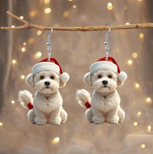 White Christmas Hat Puppy Earrings
