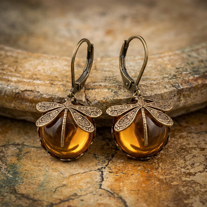 Spherical Dragonfly Earrings in Antique Gold