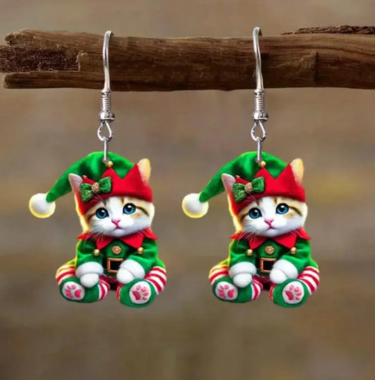 Christmas Green Elf Cat Earrings