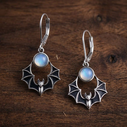 Vintage Gothic Bat Moonstone Drop Earrings