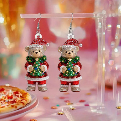 Christmas Cute Bear Holding Christmas Tree Earrings