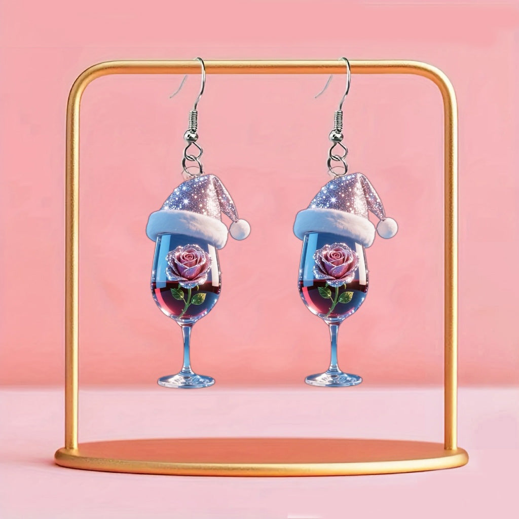 Christmas Wine Glass Earrings with Wine Pink Rose