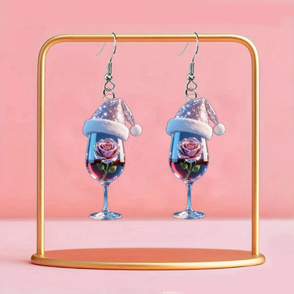 Christmas Wine Glass Earrings with Wine Pink Rose
