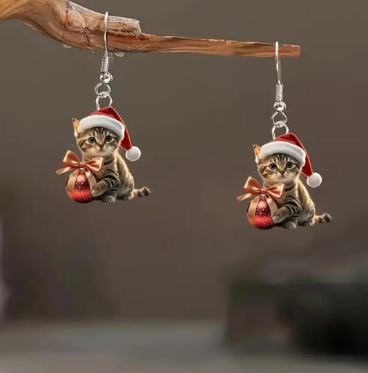 Christmas Bow Kitten Earrings