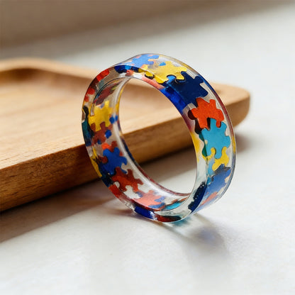 Autism Awareness-Transparent Resin Puzzle Ring - Shipped after 4 Weeks