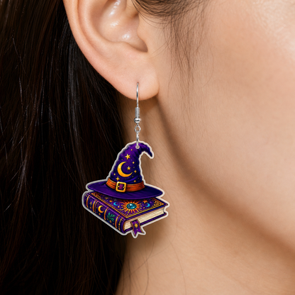 Vintage Witch Hat Spellbook Acrylic Dangle Earrings