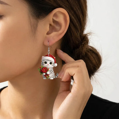 Christmas Kitten With Poinsettia Bouquet Dangle Earrings