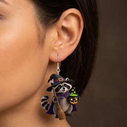 Witch Raccoon Magic Cauldron Halloween Earrings