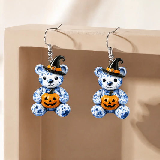 Blue Floral Witch Teddy Bear Holding Pumpkin Halloween Acrylic Earrings