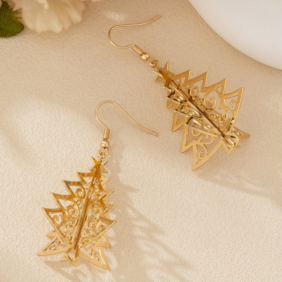 Elegant Golden-Tone Geometric Hollow Christmas Tree Earrings