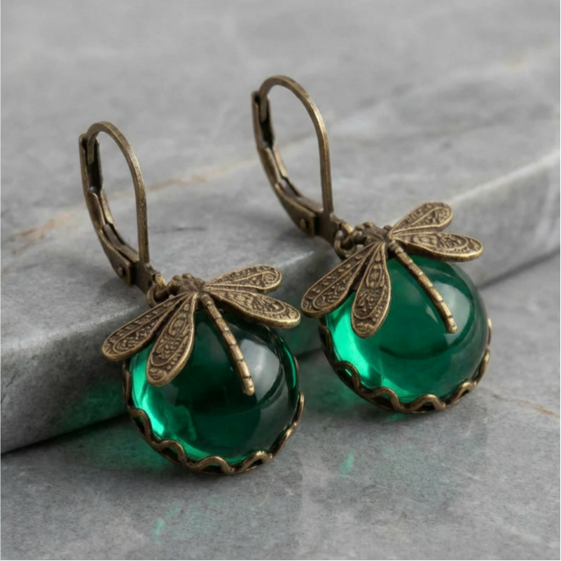 Spherical Dragonfly Earrings in Antique Gold