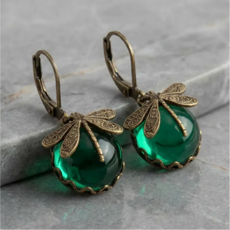 Spherical Dragonfly Earrings in Antique Gold