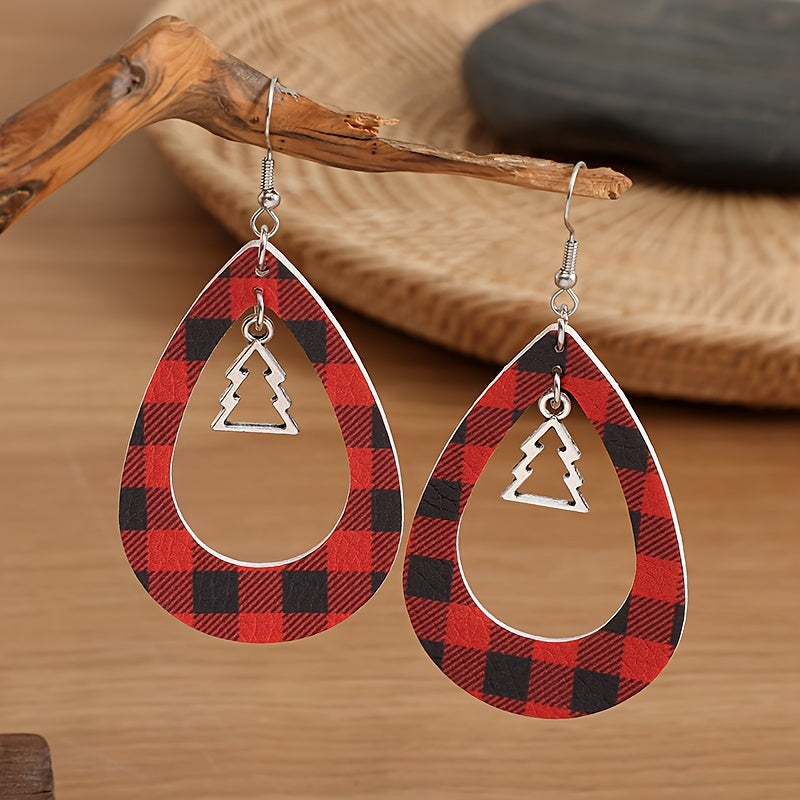 Christmas Tree Hollow Red Plaid Earrings