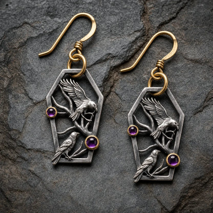 Vintage Coffin Double Raven Amethyst Drop Earrings