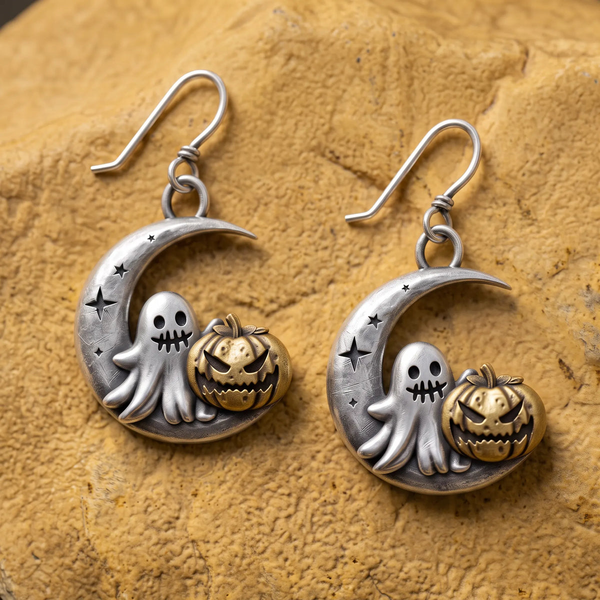 Vintage Crescent Moon Ghost Jack O Lantern Dangle Earrings