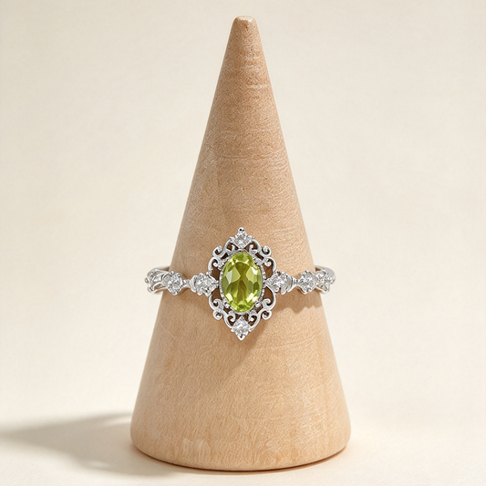 Natural Peridot Vintage Filigree Ring, S925 Oval Cut Peridot Ring for Women