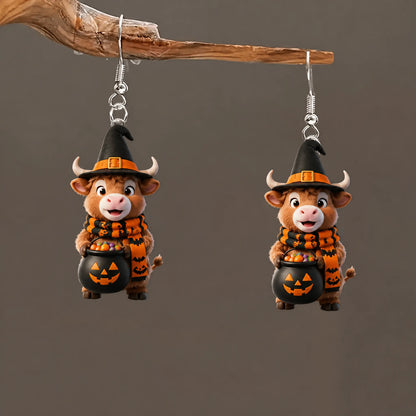 Highland Cow Witch Bat Scarf Holding Candy Cauldron Halloween Earrings