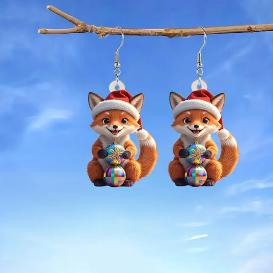 Christmas Cute Fox Earrings with Santa Hat & Candy