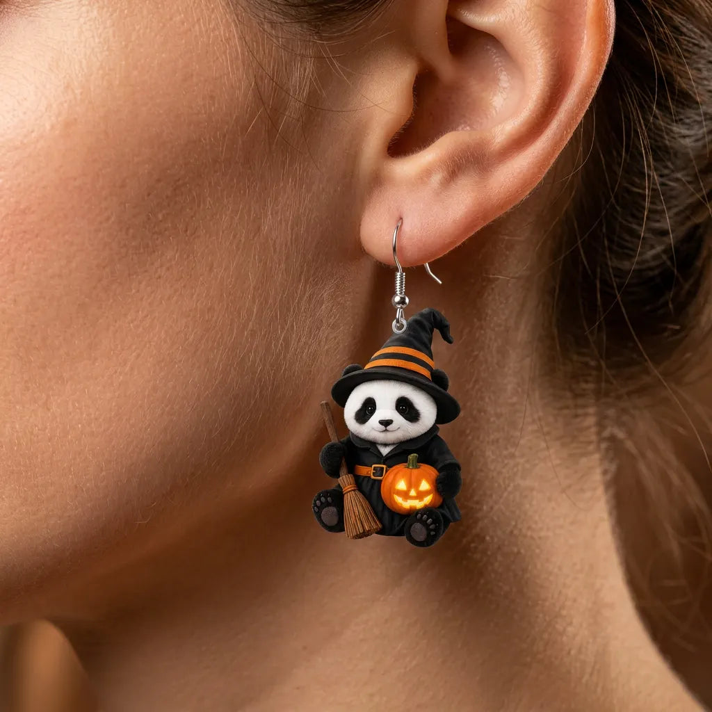 Witch Panda Halloween Pumpkin Dangle Earrings