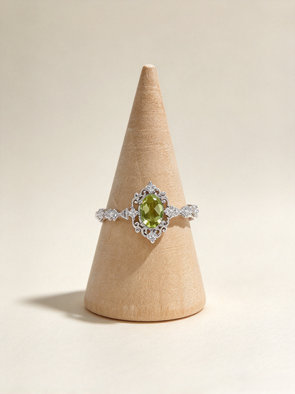 Natural Peridot Vintage Filigree Ring, S925 Oval Cut Peridot Ring for Women