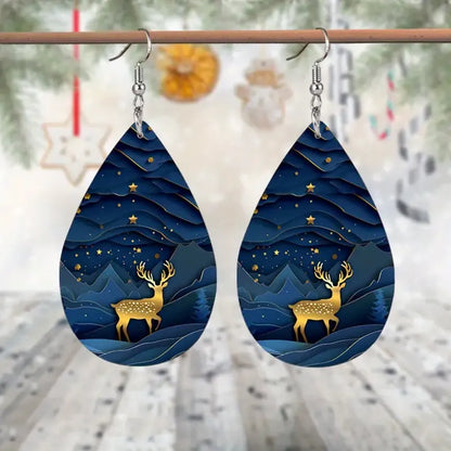 Christmas Water Drop Night Sky Deer Earrings