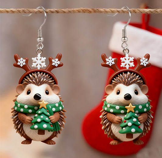 Christmas Hedgehog Holding Christmas Tree Earrings