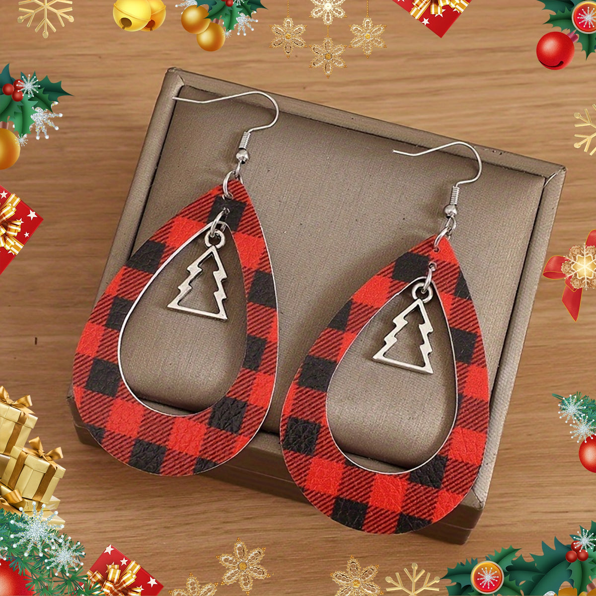Christmas Tree Hollow Red Plaid Earrings