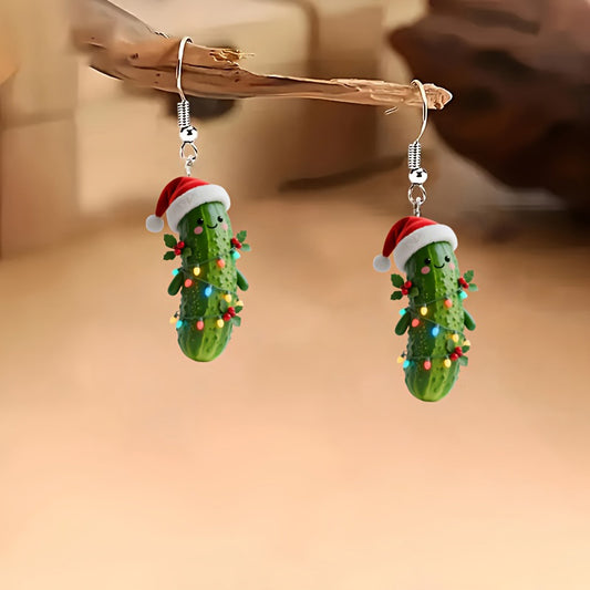 Christmas Cute Cucumber with Christmas Hat Earrings