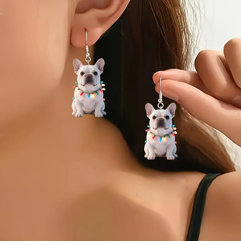 Christmas French Bulldog Earrings with Colorful Lights