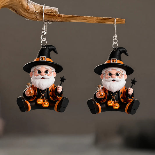 Cartoon Old Wizard Witch Robe Magic Wand Halloween Earrings