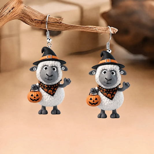 Fluffy Sheep Witch Bandana Pumpkin Bucket Halloween Earrings