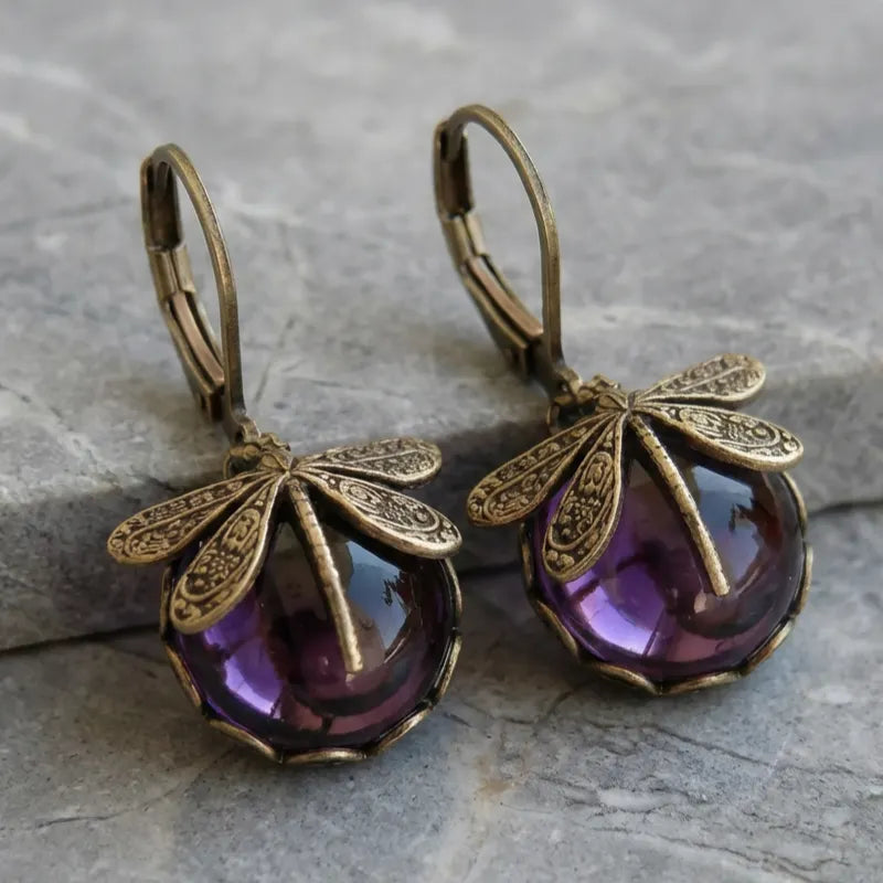 Spherical Dragonfly Earrings in Antique Gold