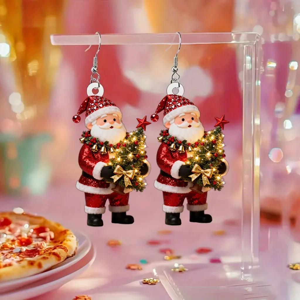 Christmas Santa Claus Holding Christmas Tree Design Earrings