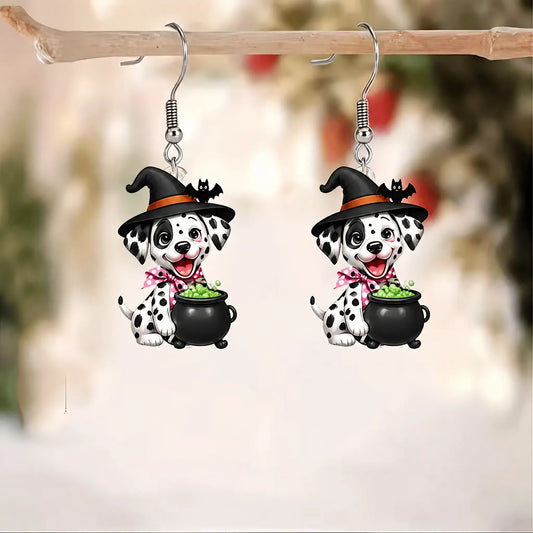 Dalmatian Puppy Witch Cauldron Bat Bow Halloween Acrylic Earrings