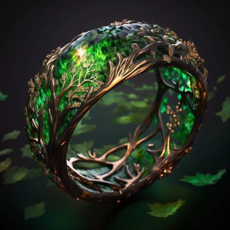 Green Tree Branch Vine Inlaid Ring