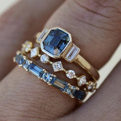 3pcs/Set Luxury Geometric Blue Crystal Rings Set